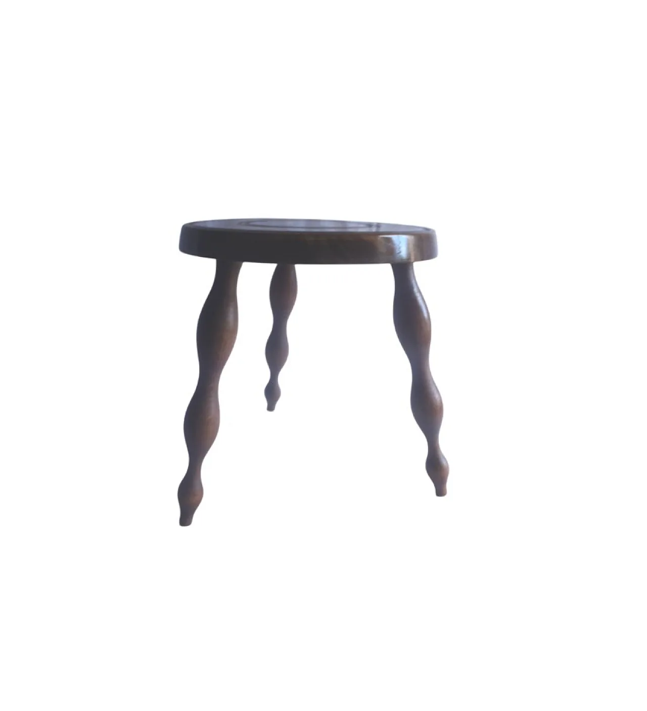 Elegant milking stool, Turned Wood round seat with 3 spindly legs. 60s 1