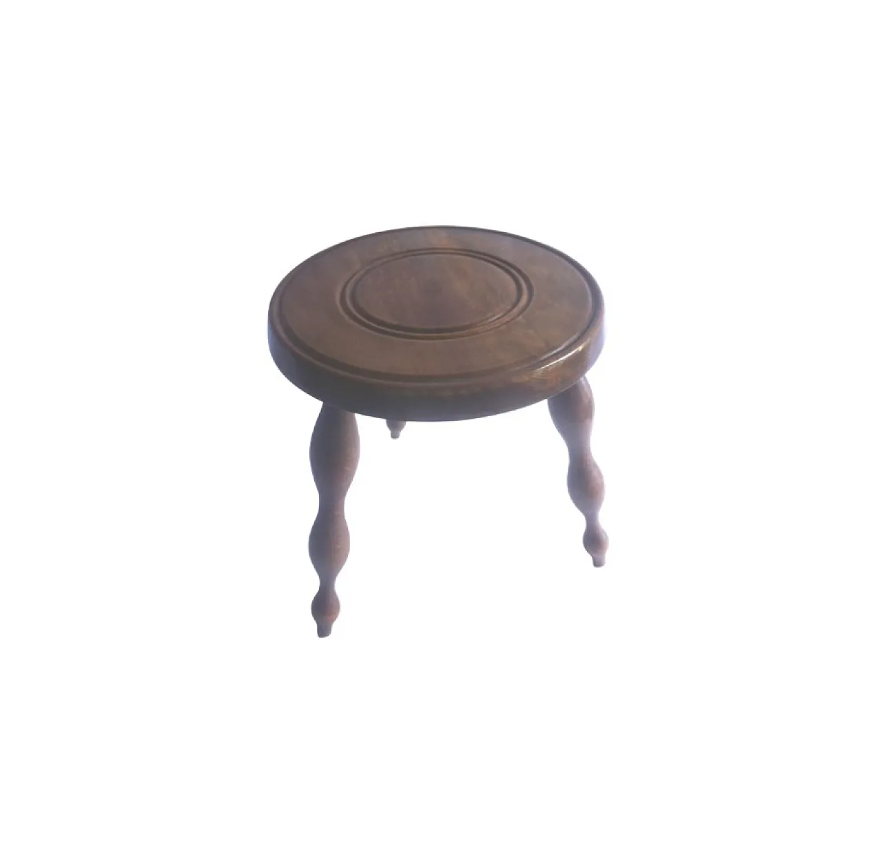 Elegant milking stool, Turned Wood round seat with 3 spindly legs. 60s 2