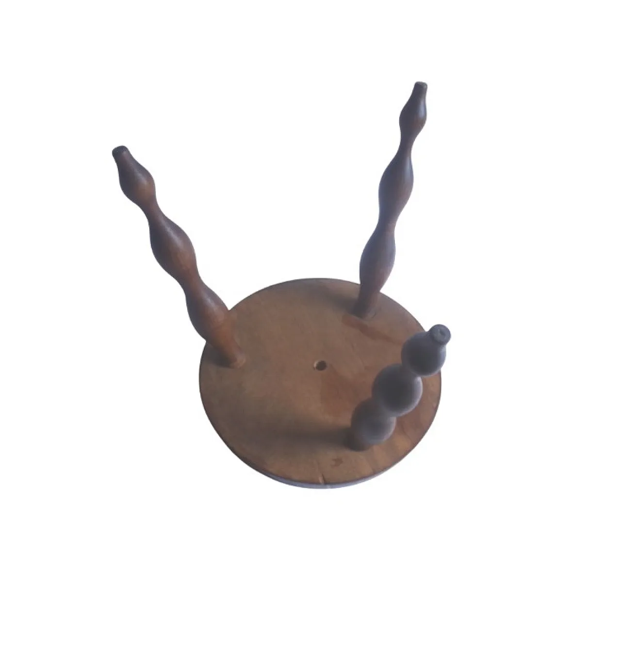 Elegant milking stool, Turned Wood round seat with 3 spindly legs. 60s 3