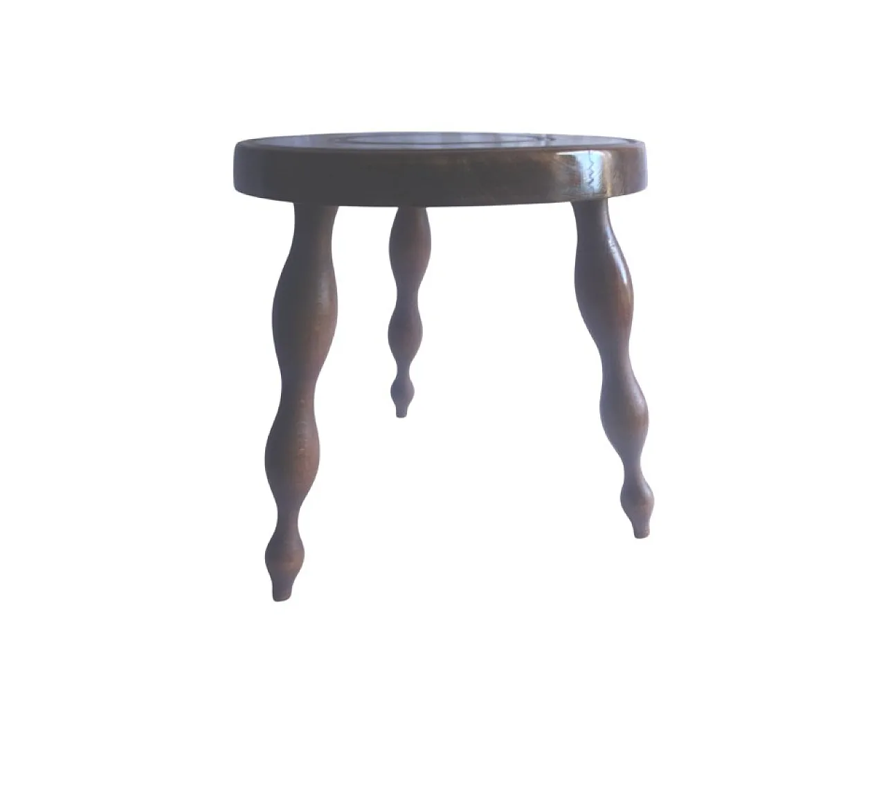 Elegant milking stool, Turned Wood round seat with 3 spindly legs. 60s 4