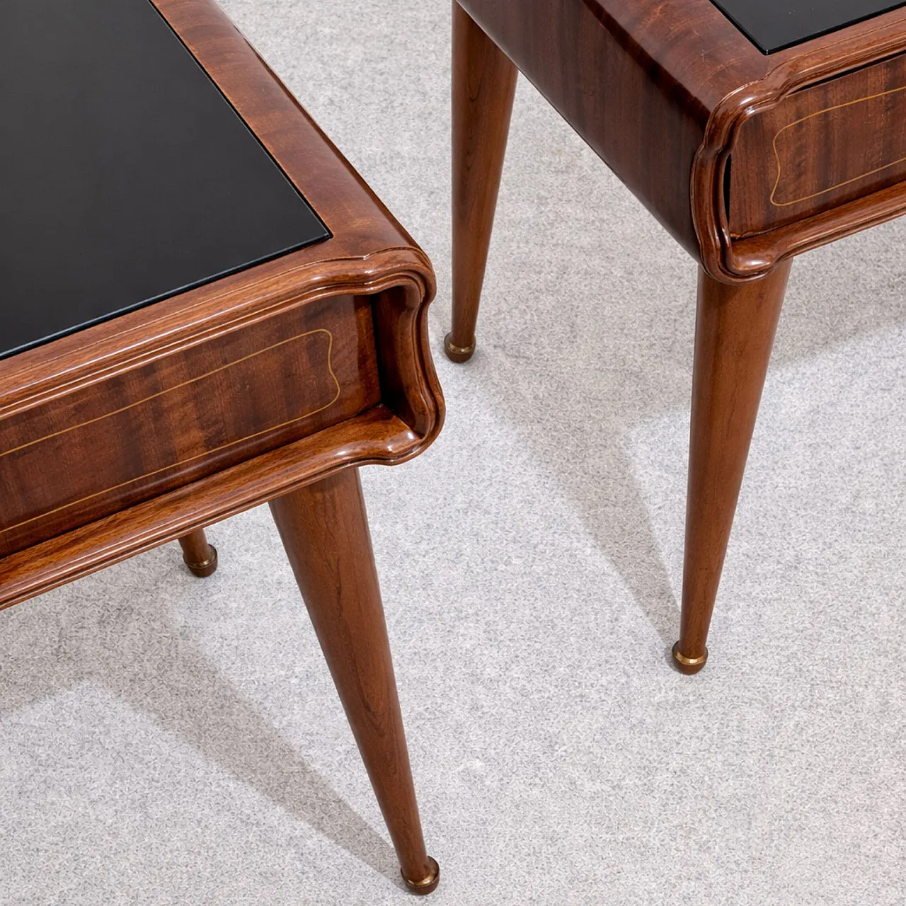 Pair of bedside tables in cherry wood with black glass and brass, 1960 2