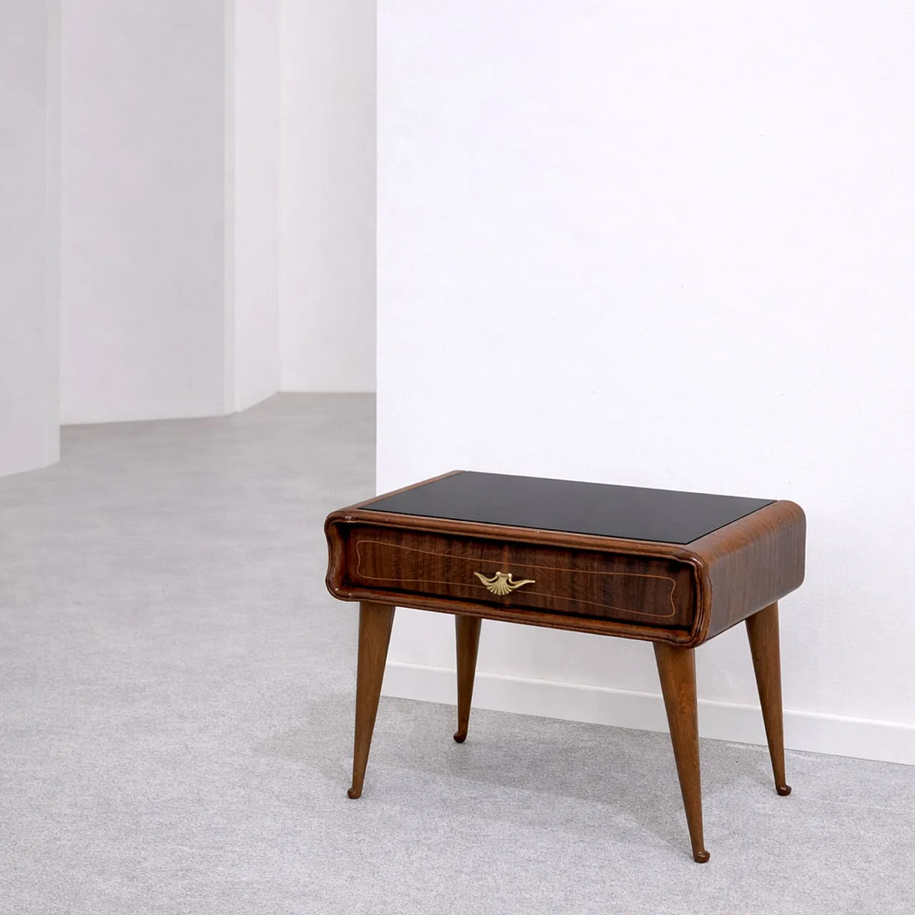 Pair of bedside tables in cherry wood with black glass and brass, 1960 4