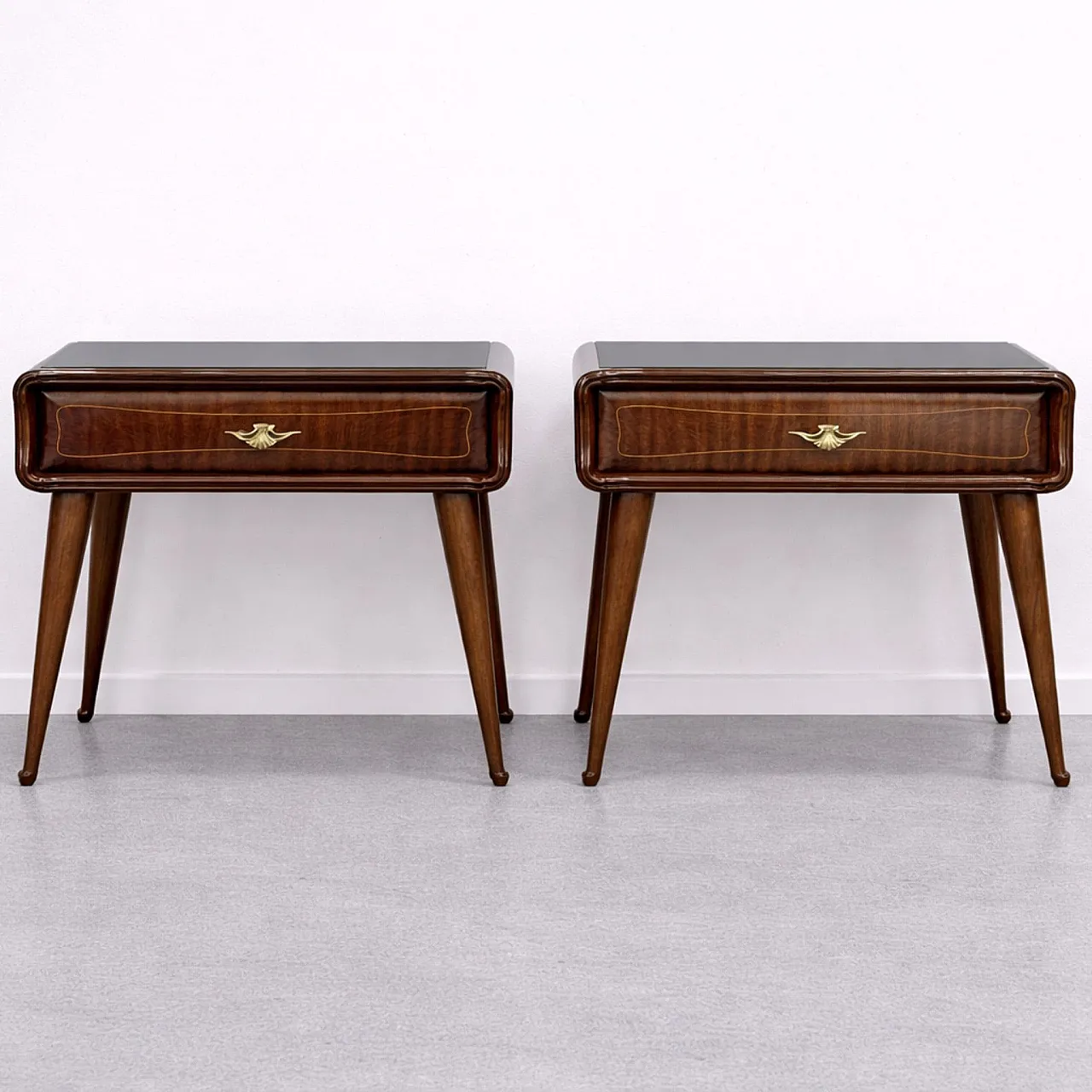 Pair of bedside tables in cherry wood with black glass and brass, 1960 5