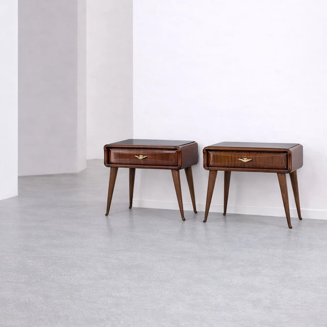 Pair of bedside tables in cherry wood with black glass and brass, 1960 6