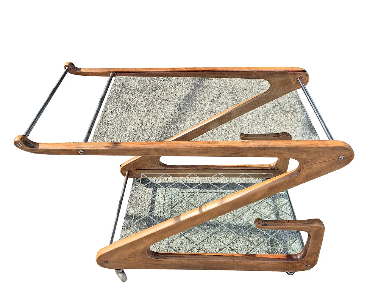 Cesare Lacca Bar Cart in Curved Wood and Cut Glass, 1950s 1