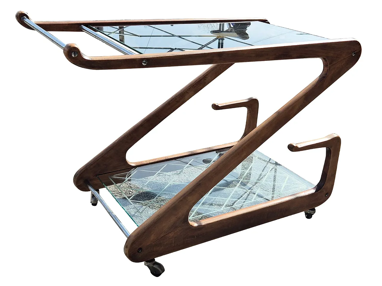 Cesare Lacca Bar Cart in Curved Wood and Cut Glass, 1950s 2