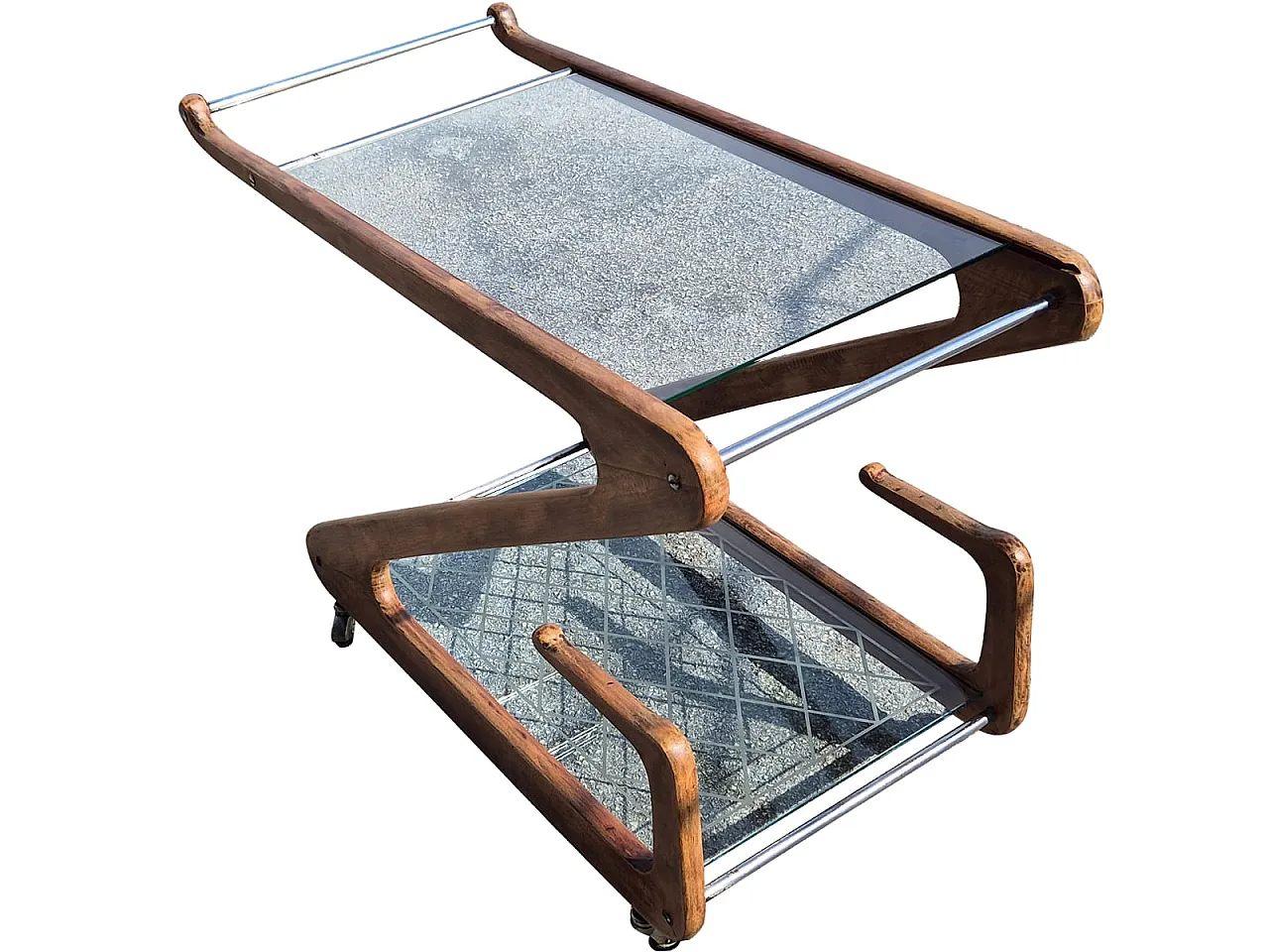 Cesare Lacca Bar Cart in Curved Wood and Cut Glass, 1950s 3