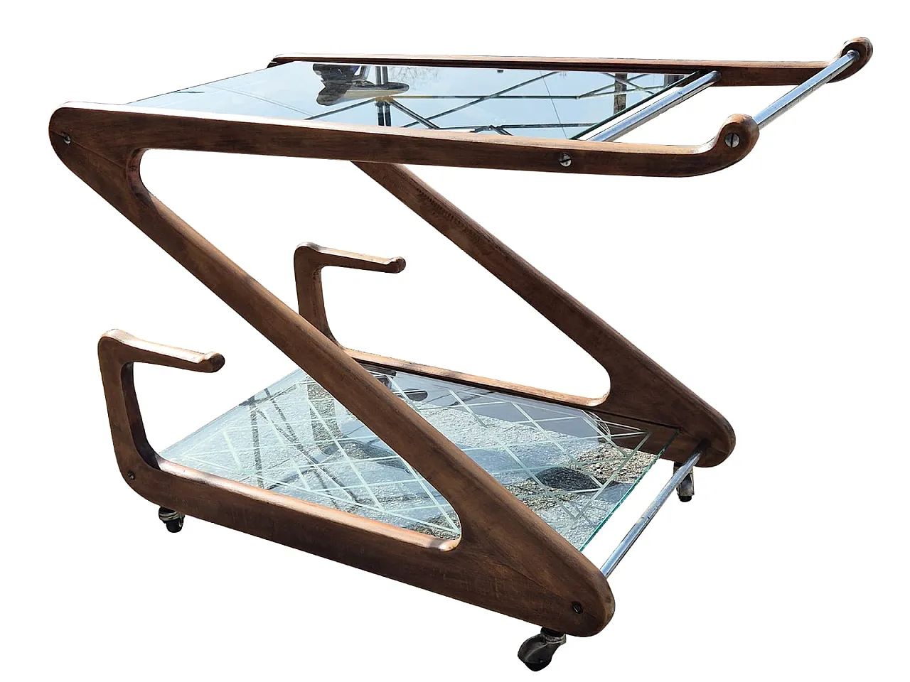 Cesare Lacca Bar Cart in Curved Wood and Cut Glass, 1950s 4