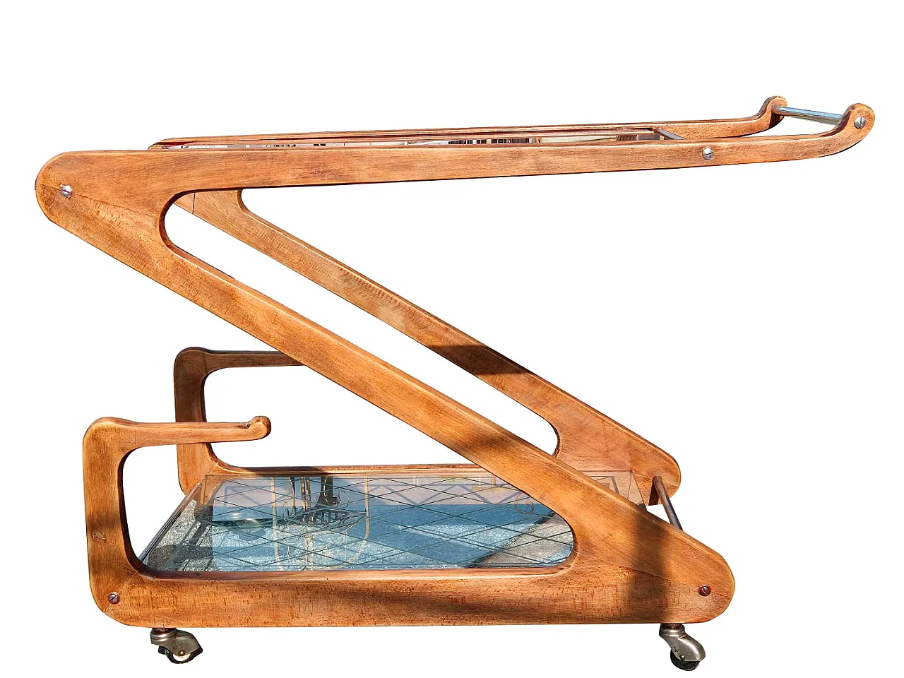 Cesare Lacca Bar Cart in Curved Wood and Cut Glass, 1950s 6