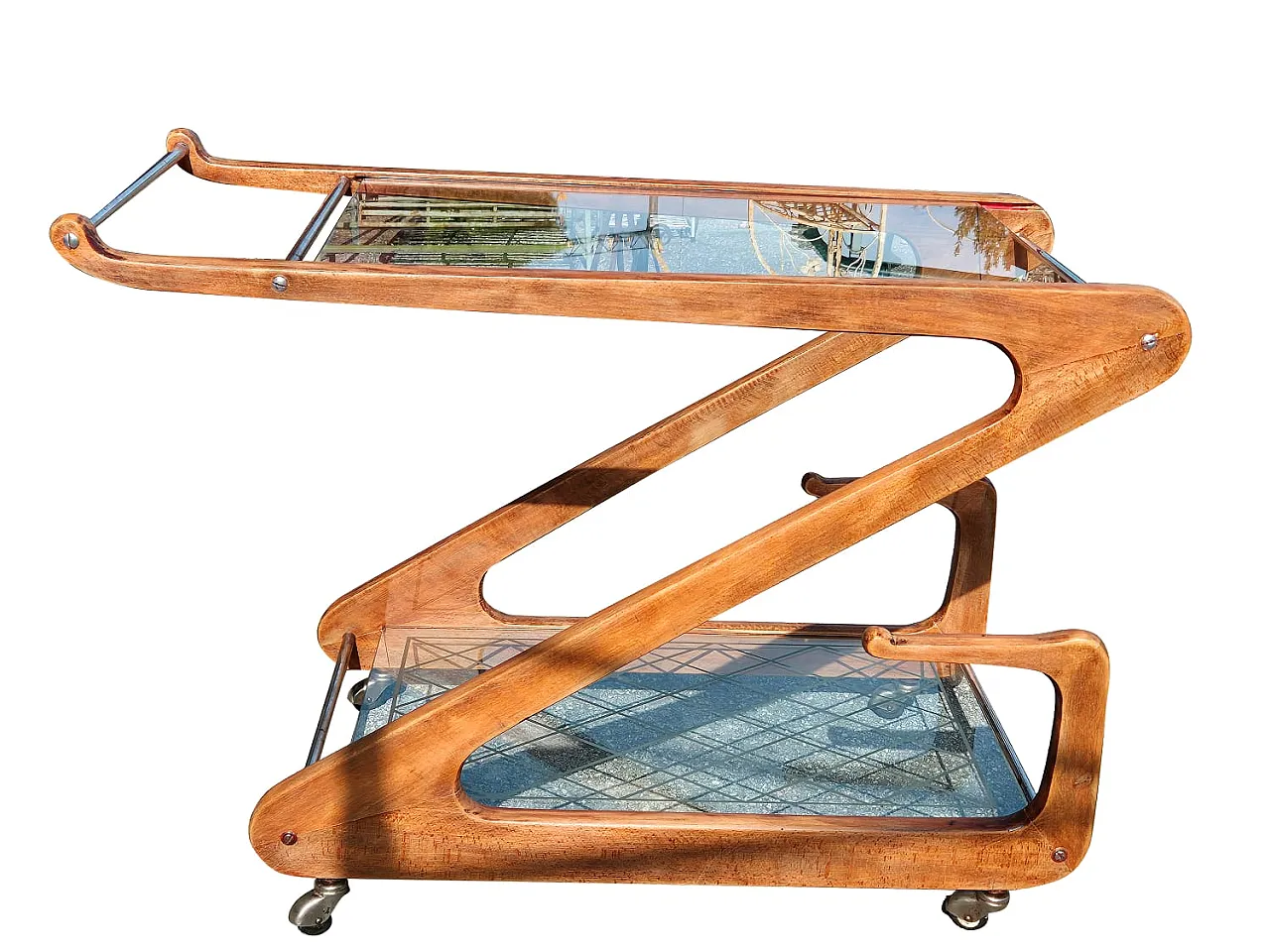 Cesare Lacca Bar Cart in Curved Wood and Cut Glass, 1950s 8