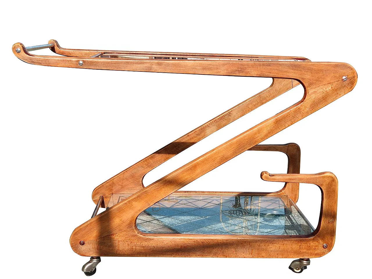 Cesare Lacca Bar Cart in Curved Wood and Cut Glass, 1950s 9