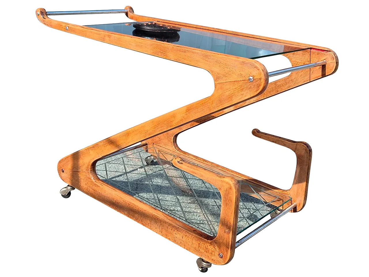 Cesare Lacca Bar Cart in Curved Wood and Cut Glass, 1950s 10