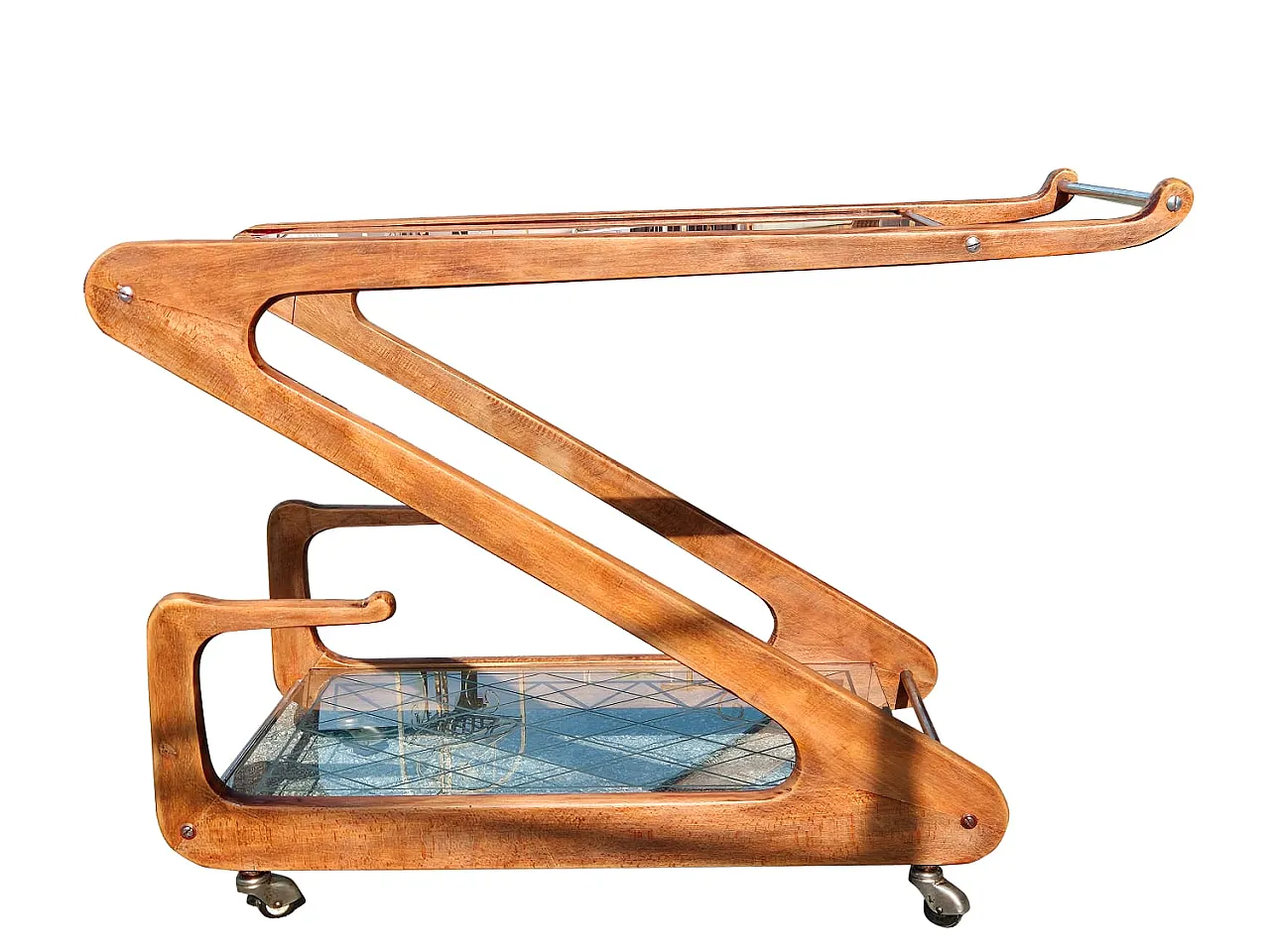 Cesare Lacca Bar Cart in Curved Wood and Cut Glass, 1950s 11
