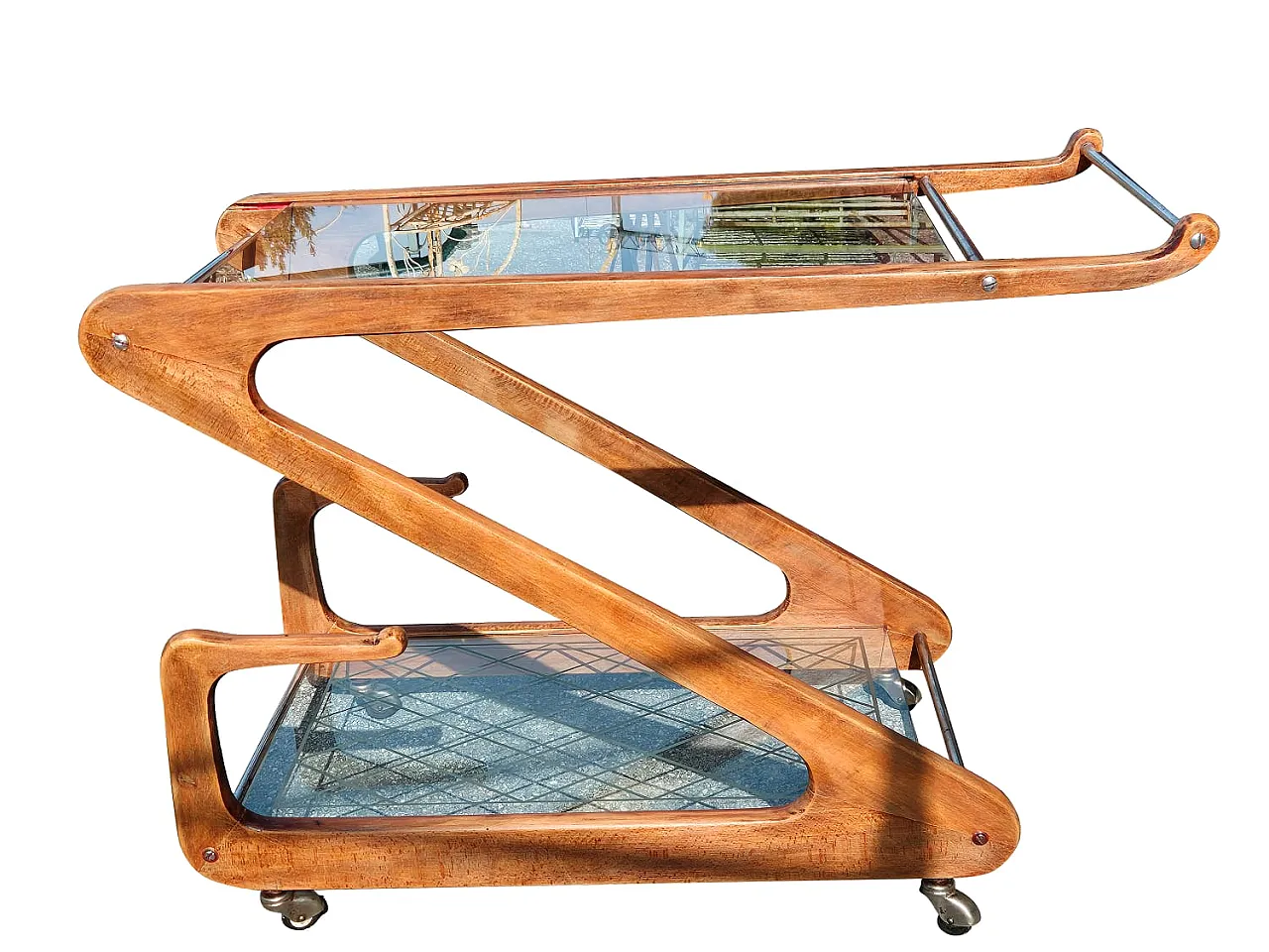 Cesare Lacca Bar Cart in Curved Wood and Cut Glass, 1950s 12