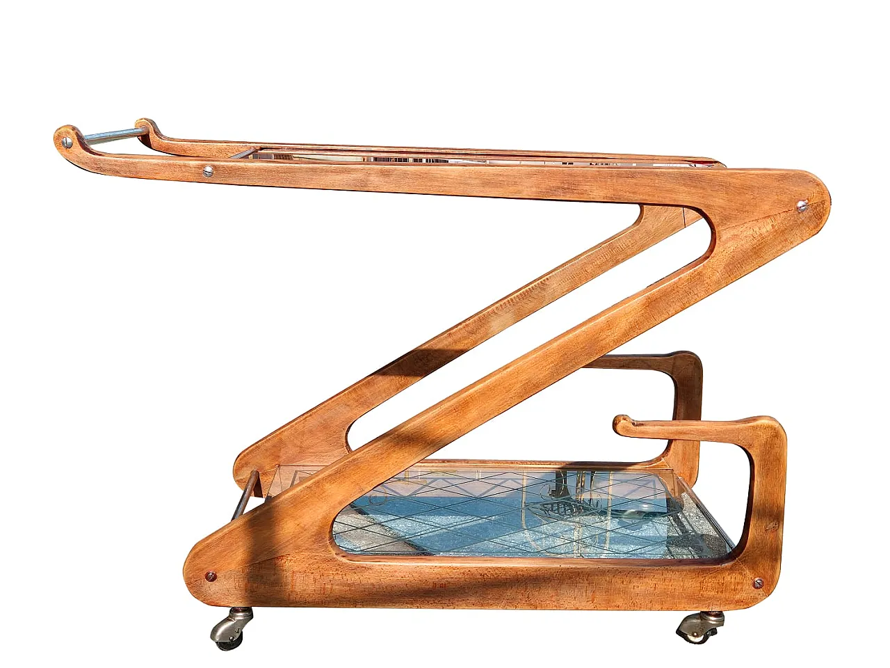 Cesare Lacca Bar Cart in Curved Wood and Cut Glass, 1950s 13