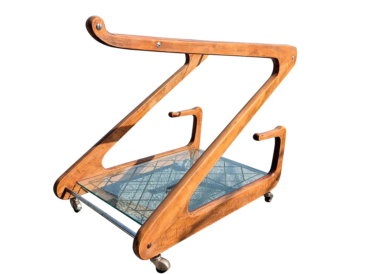 Cesare Lacca Bar Cart in Curved Wood and Cut Glass, 1950s 14