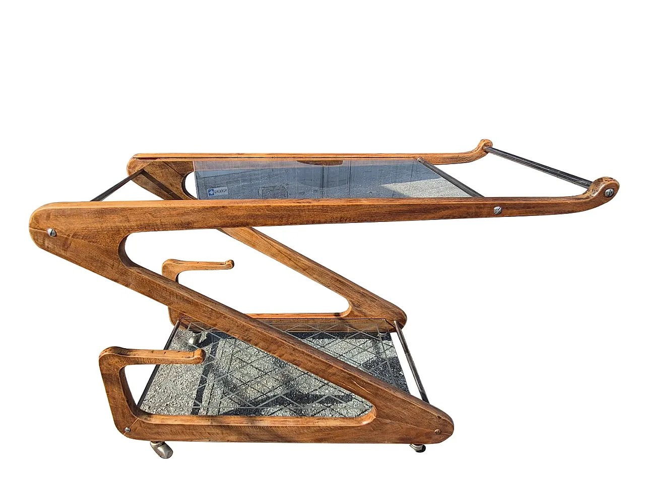 Cesare Lacca Bar Cart in Curved Wood and Cut Glass, 1950s 17