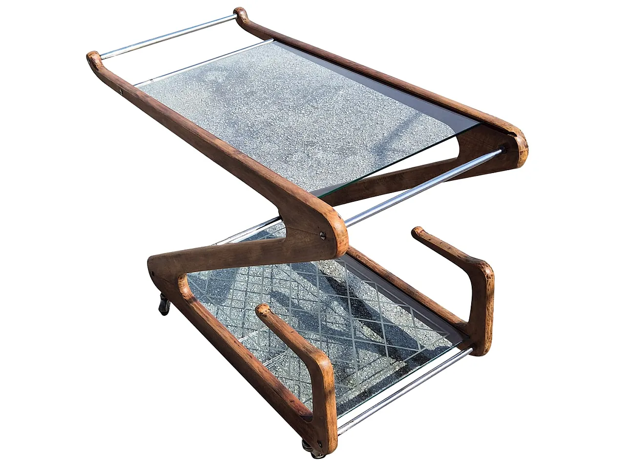 Cesare Lacca Bar Cart in Curved Wood and Cut Glass, 1950s 18