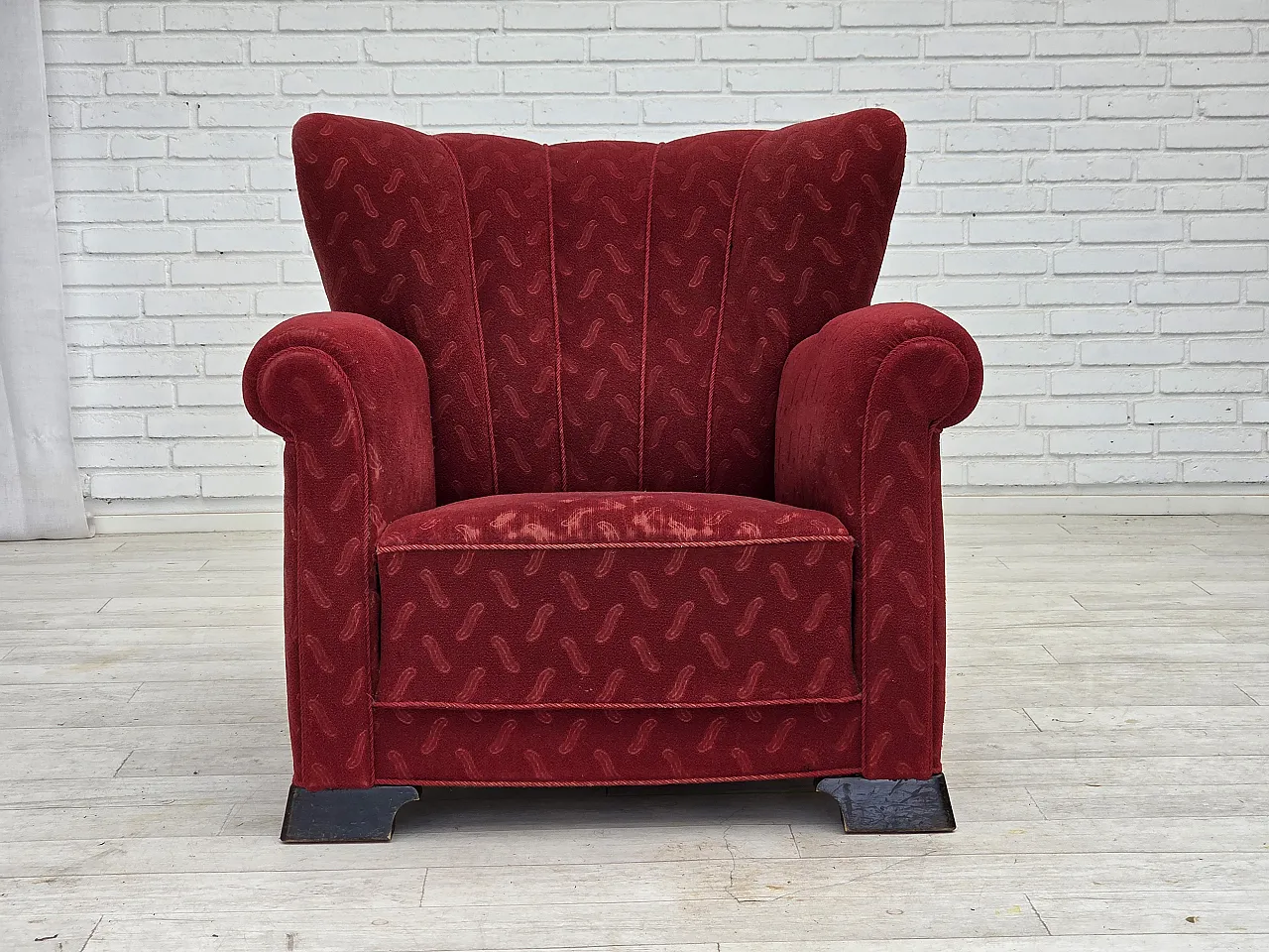 Poltrona relax danese, in lana rossa e quercia, anni '50 1