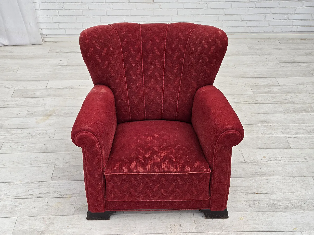 Poltrona relax danese, in lana rossa e quercia, anni '50 2
