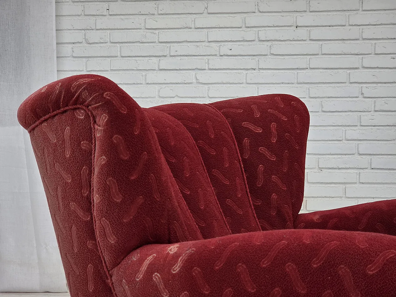 Poltrona relax danese, in lana rossa e quercia, anni '50 6