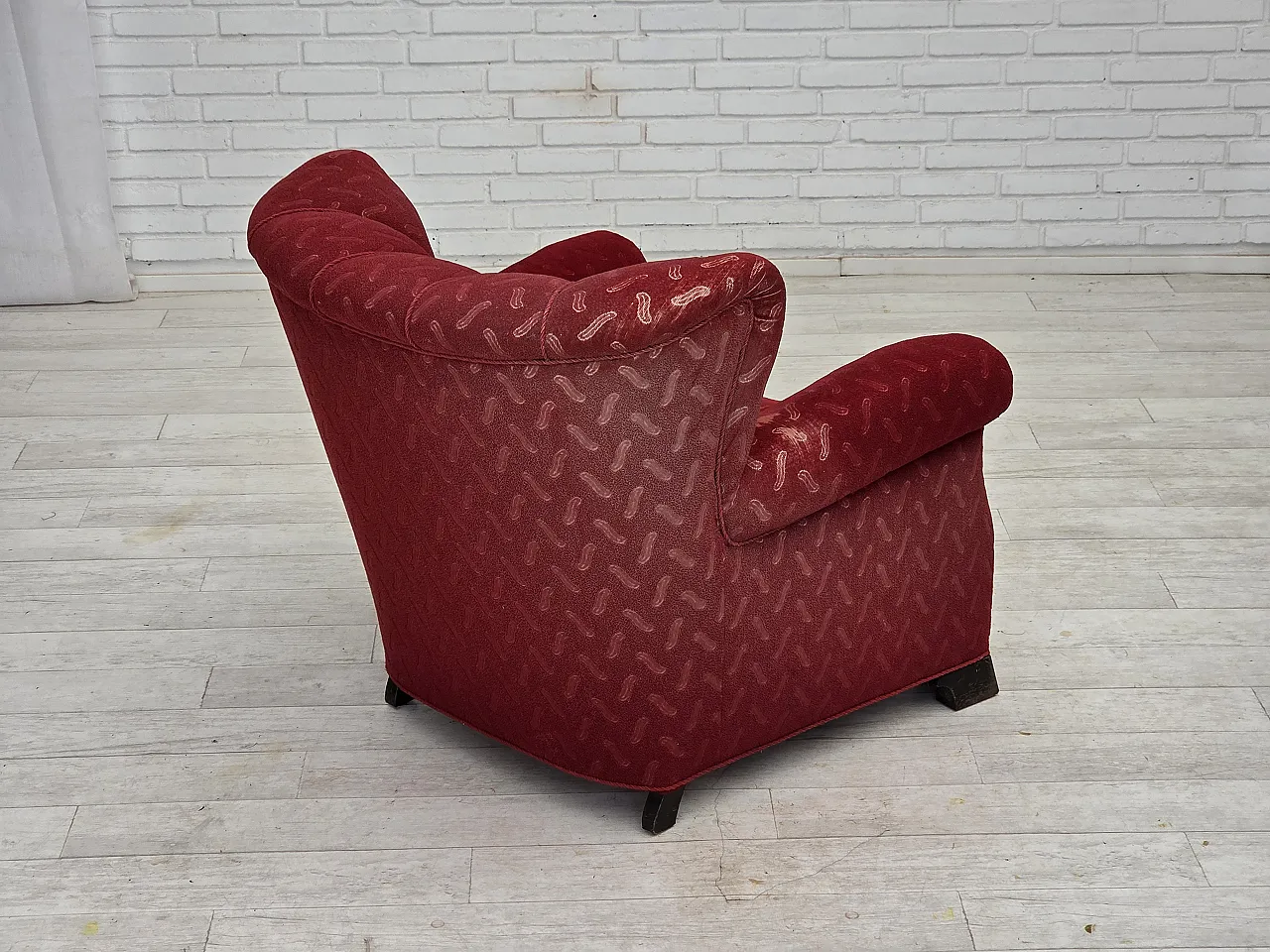 Poltrona relax danese, in lana rossa e quercia, anni '50 8