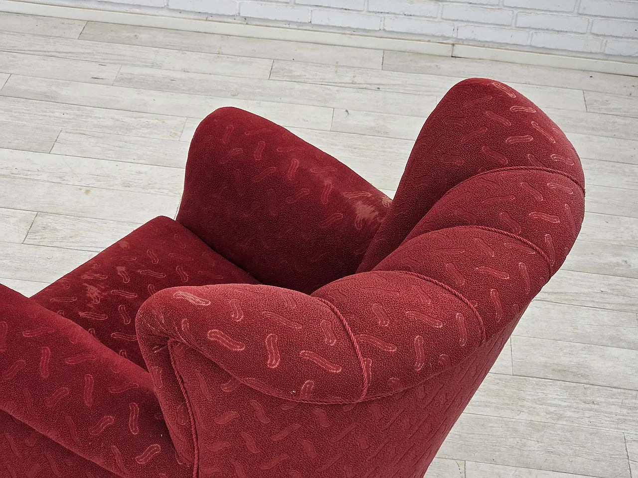 Poltrona relax danese, in lana rossa e quercia, anni '50 12