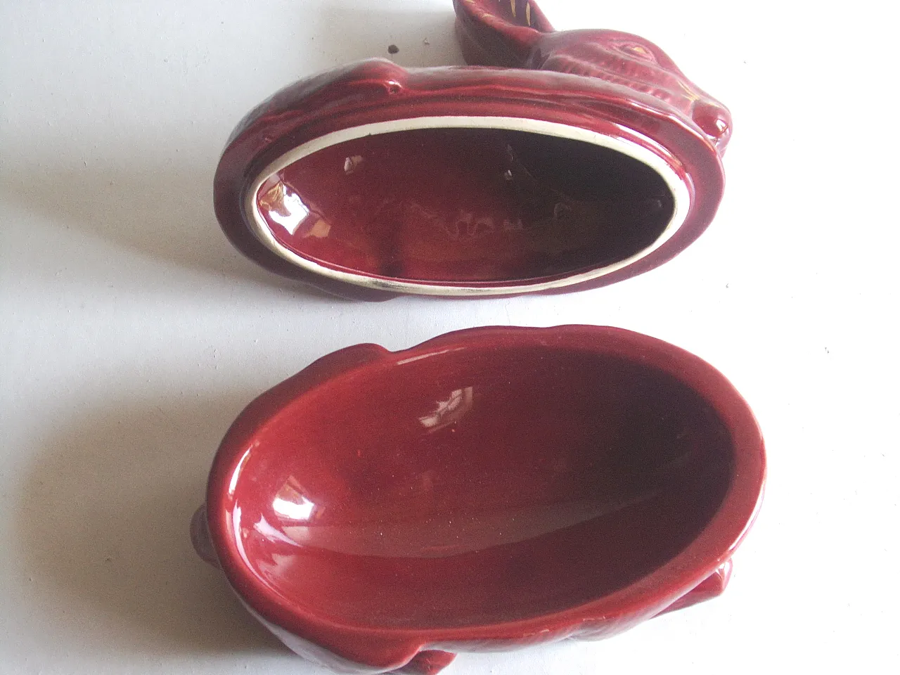 Rabbit Pate Dish Faience Terrine in Red with Gilded accents. 70s 4
