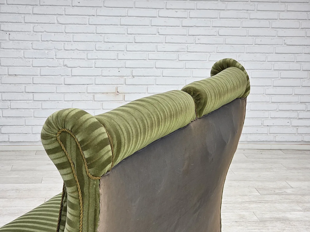 Divano danese a 2 posti, velluto verde, legno di faggio, anni '50 12