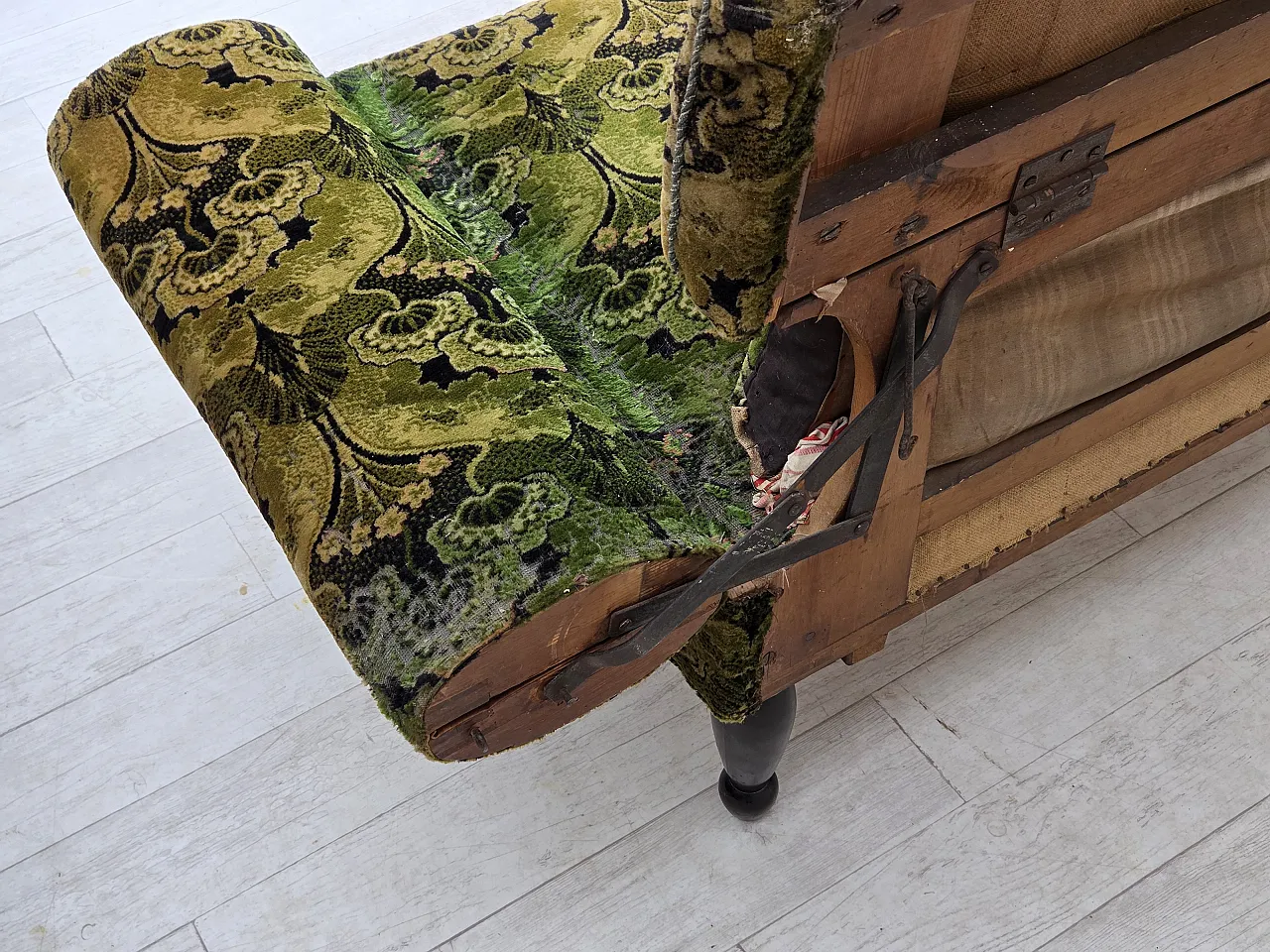 Divano danese 2 posti con braccioli ribaltabili, velluto, anni '30 8