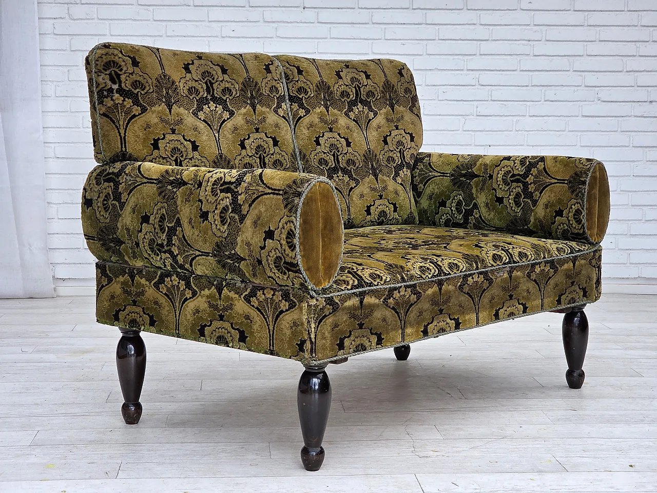 Divano danese 2 posti con braccioli ribaltabili, velluto, anni '30 14