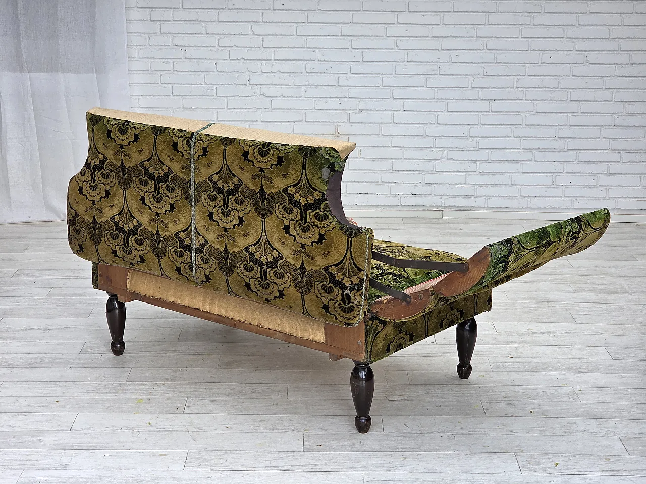 Divano danese 2 posti con braccioli ribaltabili, velluto, anni '30 18