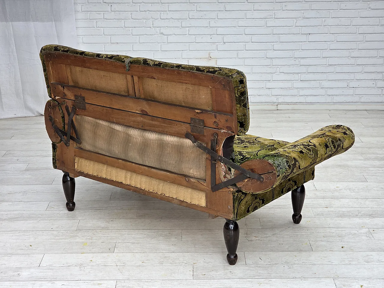 Divano danese 2 posti con braccioli ribaltabili, velluto, anni '30 20