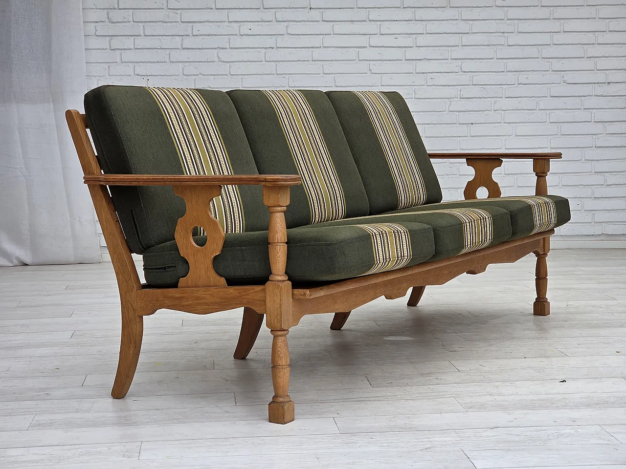 Divano danese a 3 posti, mobili in lana verde, rovere, anni '70 1