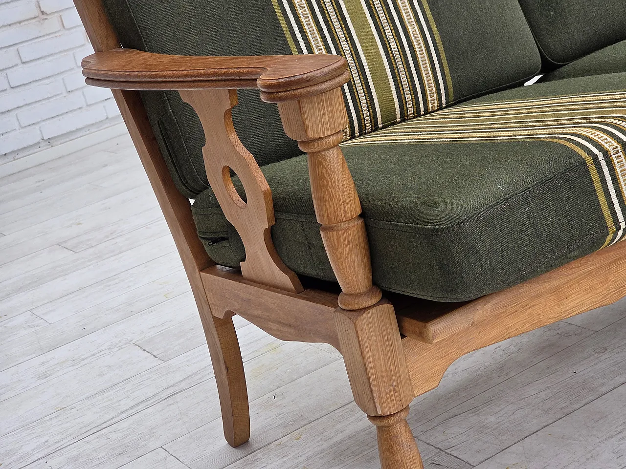 Divano danese a 3 posti, mobili in lana verde, rovere, anni '70 3