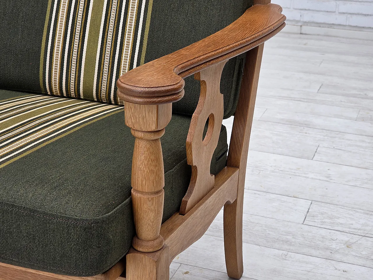 Divano danese a 3 posti, mobili in lana verde, rovere, anni '70 4