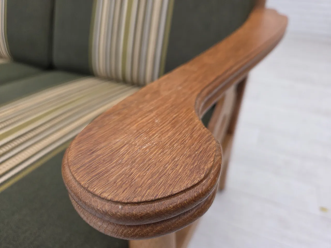 Divano danese a 3 posti, mobili in lana verde, rovere, anni '70 5