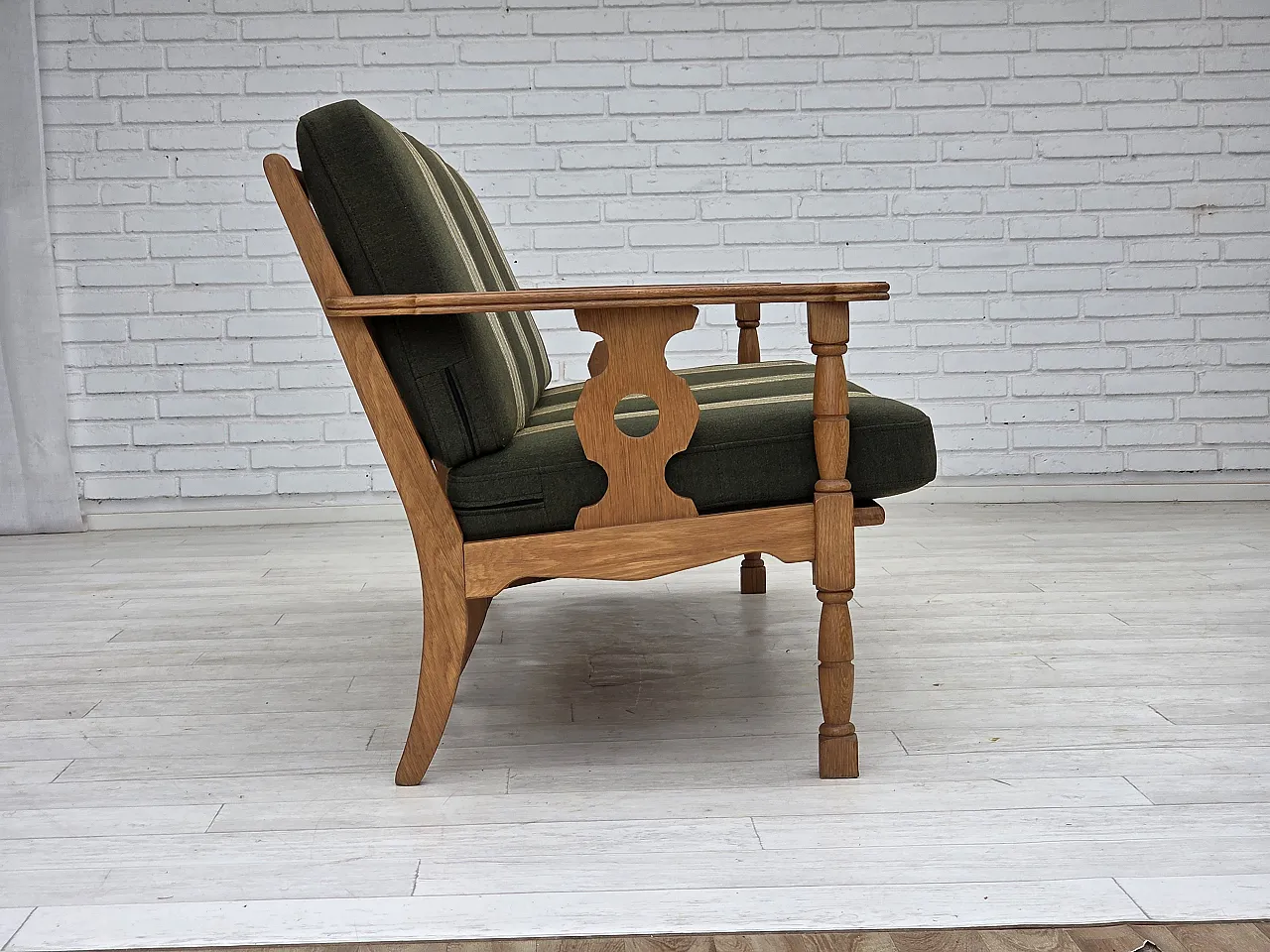 Divano danese a 3 posti, mobili in lana verde, rovere, anni '70 10