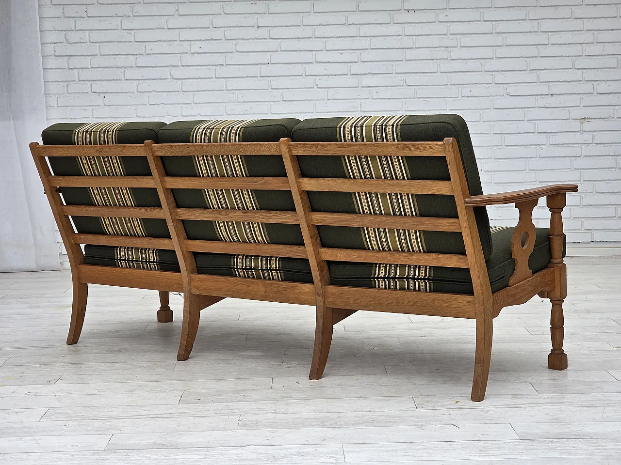 Divano danese a 3 posti, mobili in lana verde, rovere, anni '70 12