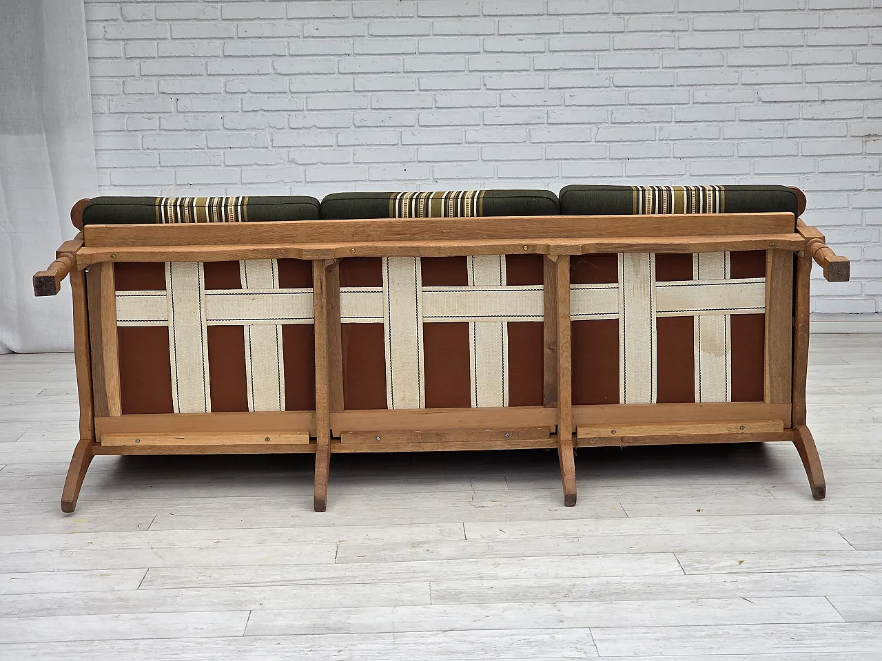 Divano danese a 3 posti, mobili in lana verde, rovere, anni '70 21