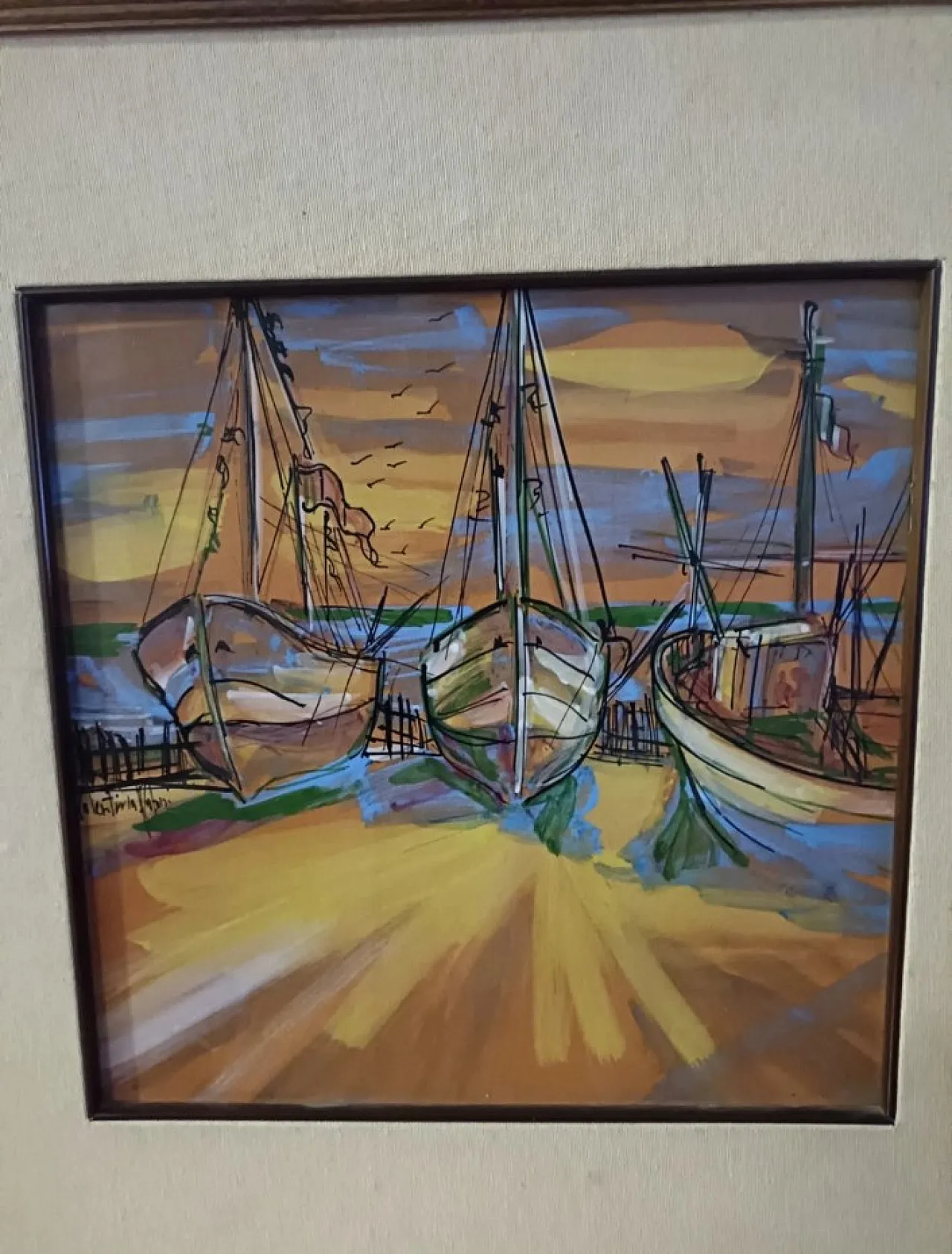 Marina with Boats at Sunset, eramic panel, 20th century 2