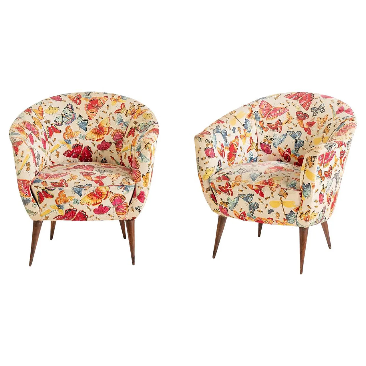 Pair of padded Italian corbeille armchairs, 50s 1
