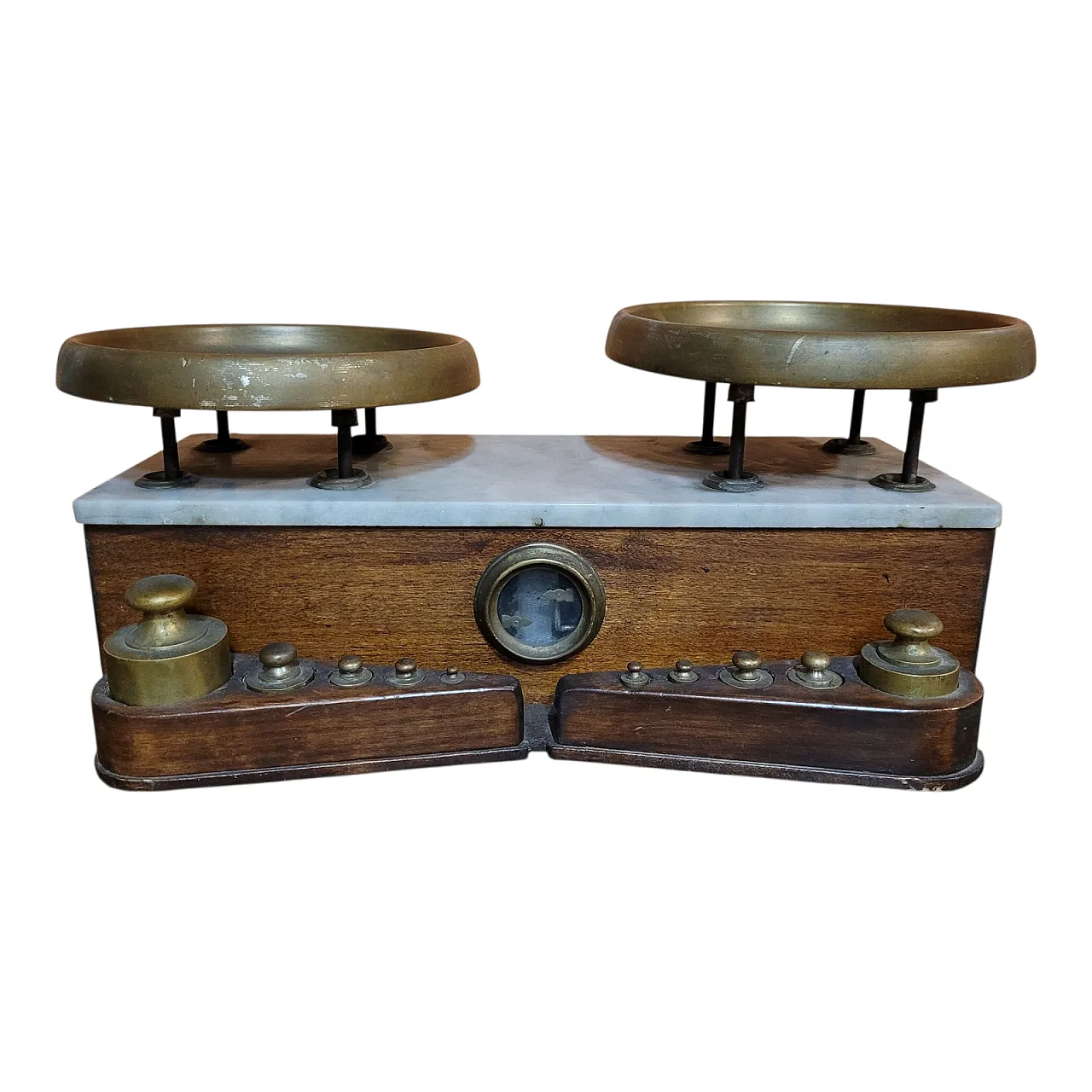 Bilancia a due piatti in legno, marmo e ottone, '800 1