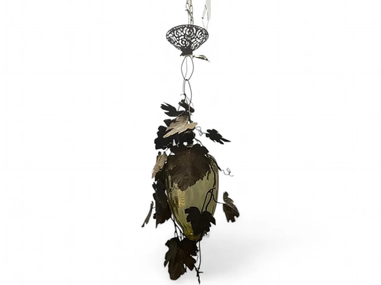 Murano glass lantern with wrought iron vine leaves, 1950s 7