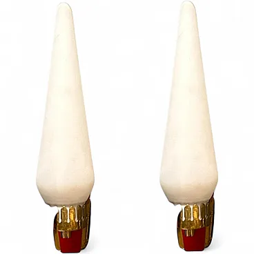 Pair of opaline glass and brass wall lights, 1950s