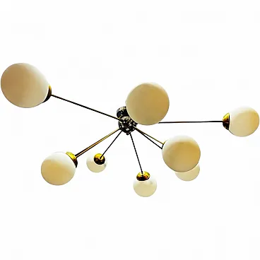 Vintage Sputnik ceiling lamp in brass and opaline glass, Italy, 1980s