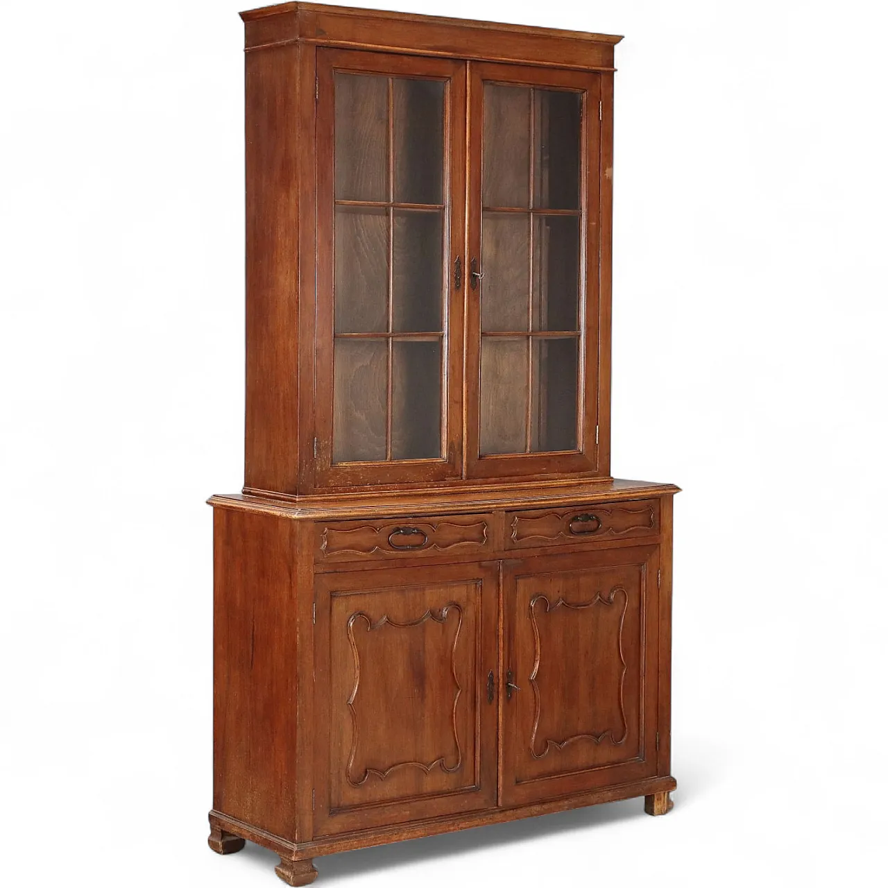 Credenza impiallacciata in noce e vetro, primo '900 11