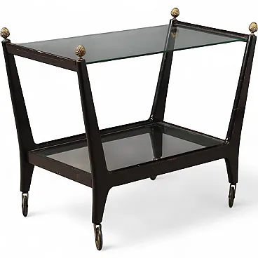 Carrello di servizio in vetro e legno massello tinto ebano, '900