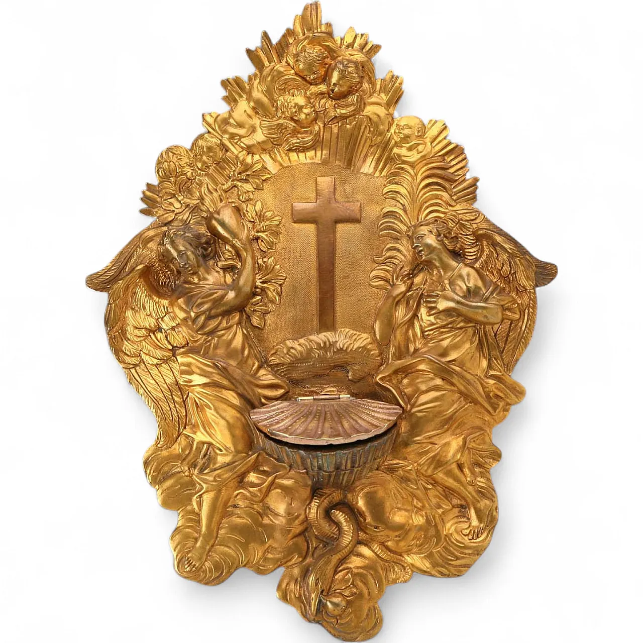 Gilded bronze holy water stoup, chiseled and engraved, 20th century 8