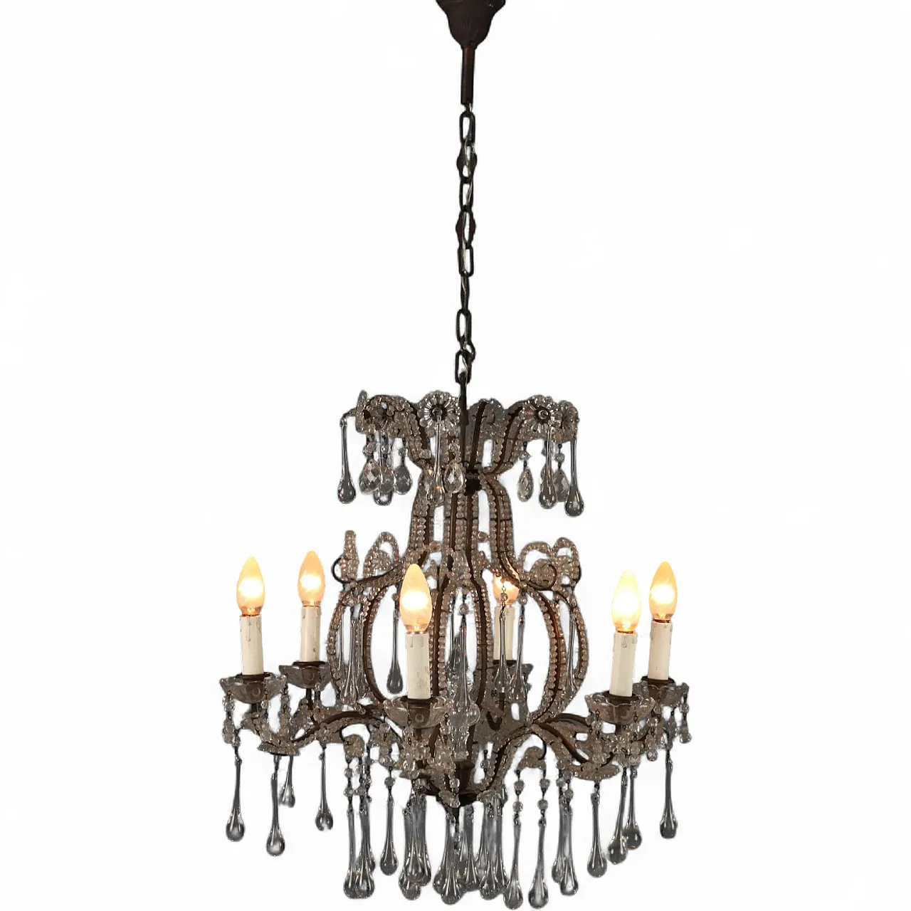 Lampadario in metallo brunito e vetro, fine '800 11